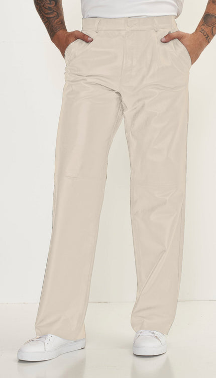 Genuine Lambskin Leather Trousers - Beige - Ron Tomson