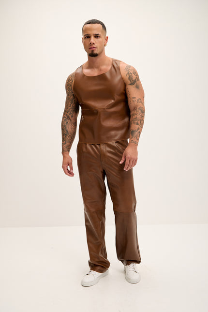 Men's Genuine Lambskin Leather Trousers - Brown - Ron Tomson Los Angeles