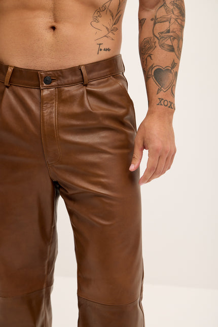 Men's Genuine Lambskin Leather Trousers - Brown - Ron Tomson Los Angeles