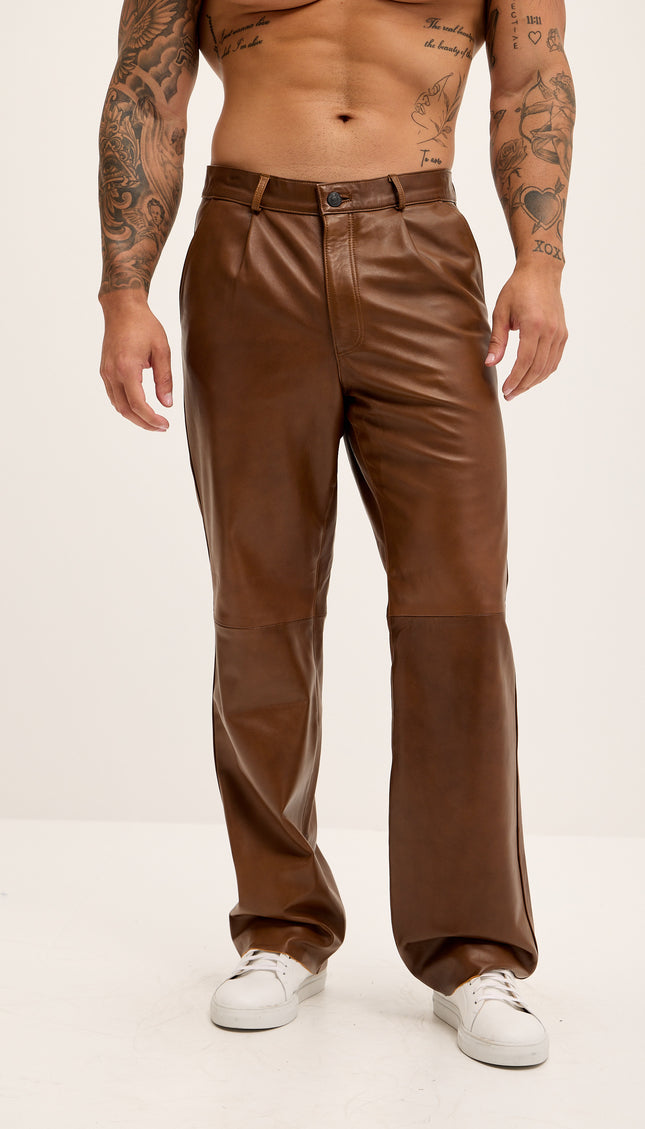 Genuine Lambskin Leather Trousers - Brown - Ron Tomson
