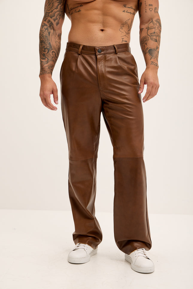 Men's Genuine Lambskin Leather Trousers - Brown - Ron Tomson Los Angeles