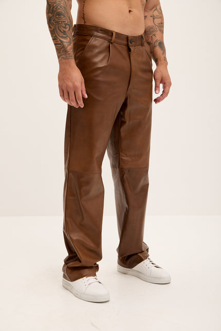 Men's Genuine Lambskin Leather Trousers - Brown - Ron Tomson Los Angeles