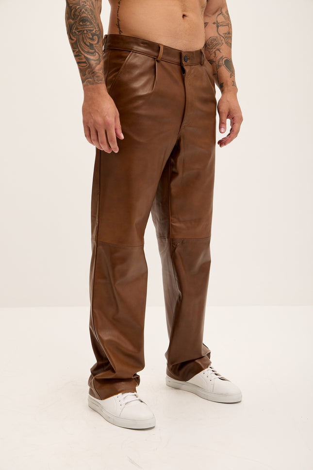 Men's Genuine Lambskin Leather Trousers - Brown - Ron Tomson Los Angeles