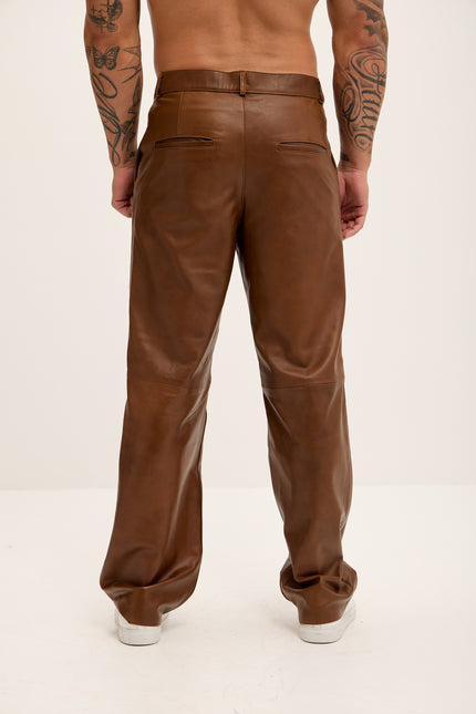 Men's Genuine Lambskin Leather Trousers - Brown - Ron Tomson Los Angeles