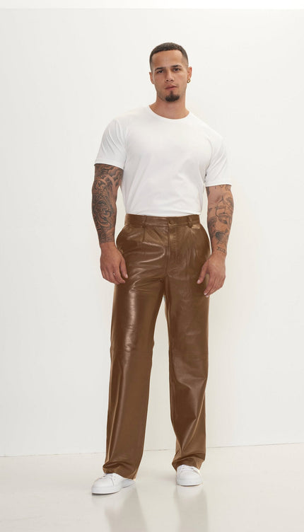 Genuine Lambskin Leather Trousers - Brown - Ron Tomson