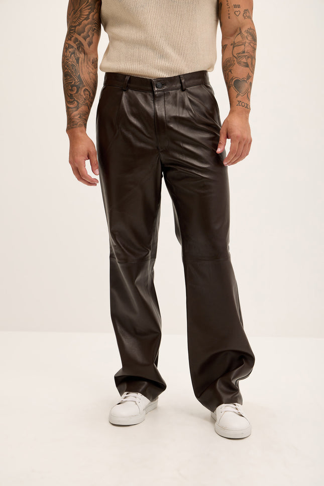 Men's Genuine Lambskin Leather Trousers - Dark Brown - Ron Tomson Los Angeles