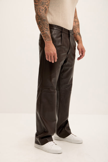 Men's Genuine Lambskin Leather Trousers - Dark Brown - Ron Tomson Los Angeles