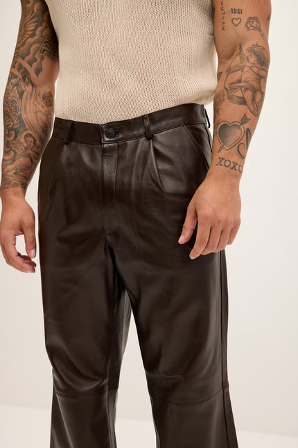 Men's Genuine Lambskin Leather Trousers - Dark Brown - Ron Tomson Los Angeles