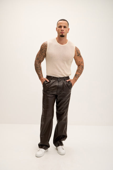 Men's Genuine Lambskin Leather Trousers - Dark Brown - Ron Tomson Los Angeles