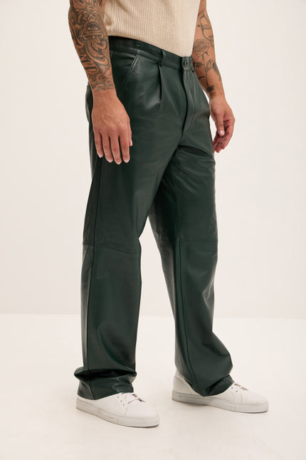 Men's Genuine Lambskin Leather Trousers - Green - Ron Tomson Los Angeles