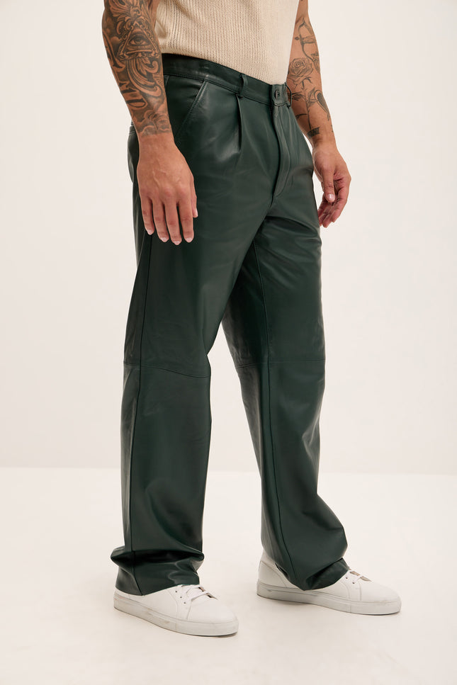 Men's Genuine Lambskin Leather Trousers - Green - Ron Tomson Los Angeles