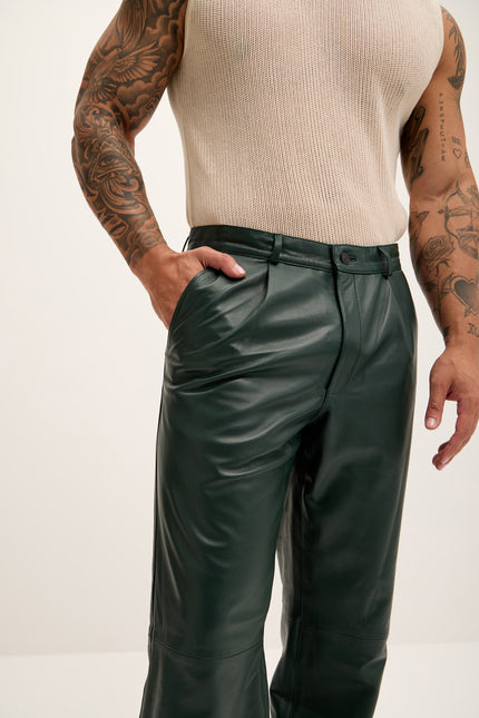 Men's Genuine Lambskin Leather Trousers - Green - Ron Tomson Los Angeles