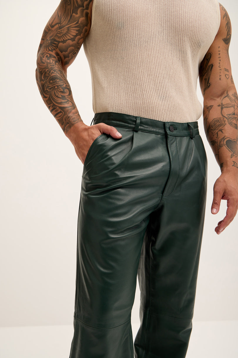 Men's Genuine Lambskin Leather Trousers - Green - Ron Tomson Los Angeles