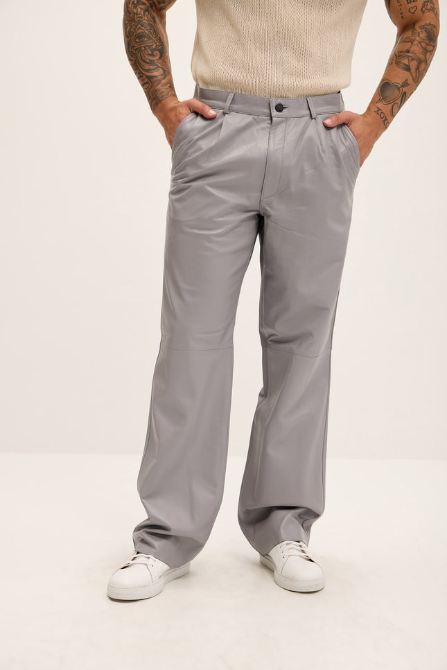 Men's Genuine Lambskin Leather Trousers - Grey - Ron Tomson Los Angeles