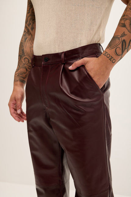 Men's Genuine Lambskin Leather Trousers - Wine - Ron Tomson Los Angeles