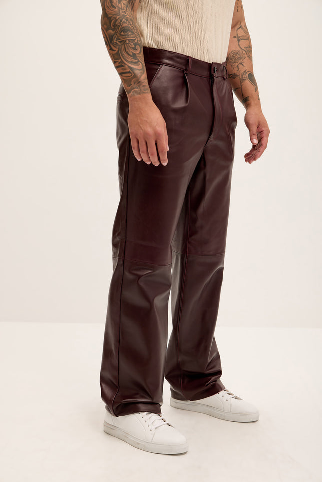 Men's Genuine Lambskin Leather Trousers - Wine - Ron Tomson Los Angeles