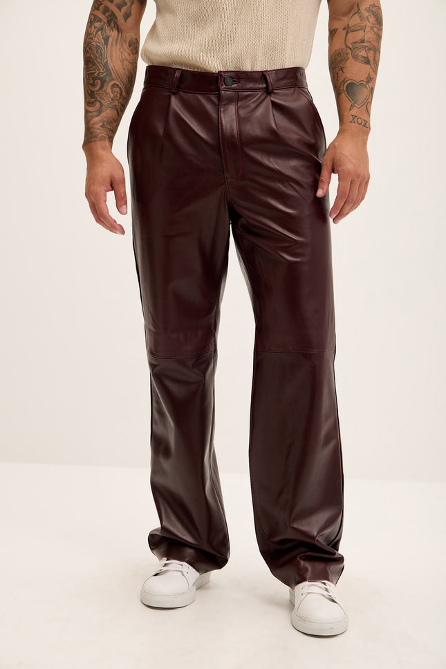 Men's Genuine Lambskin Leather Trousers - Wine - Ron Tomson Los Angeles