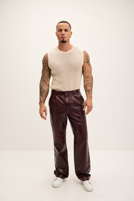 Men's Genuine Lambskin Leather Trousers - Wine - Ron Tomson Los Angeles