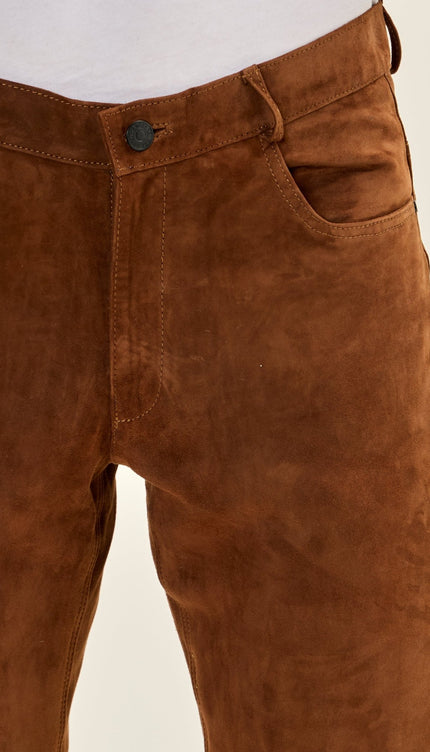 Genuine Lambskin Suede Pants - Brown - Ron Tomson