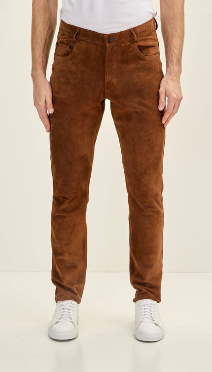 Genuine Lambskin Suede Pants - Brown - Ron Tomson