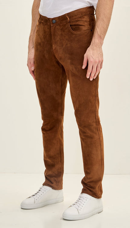 Genuine Lambskin Suede Pants - Brown - Ron Tomson