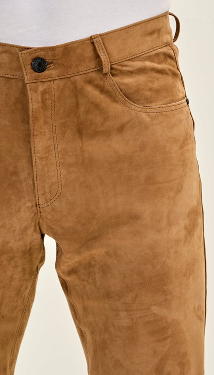 Genuine Lambskin Suede Pants - Camel - Ron Tomson