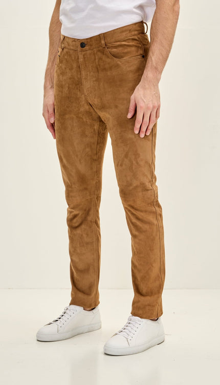 Genuine Lambskin Suede Pants - Camel - Ron Tomson