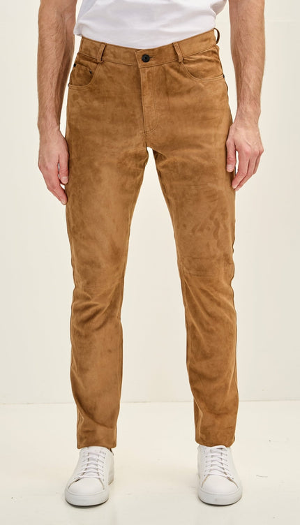 Genuine Lambskin Suede Pants - Camel - Ron Tomson