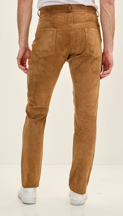 Genuine Lambskin Suede Pants - Camel - Ron Tomson