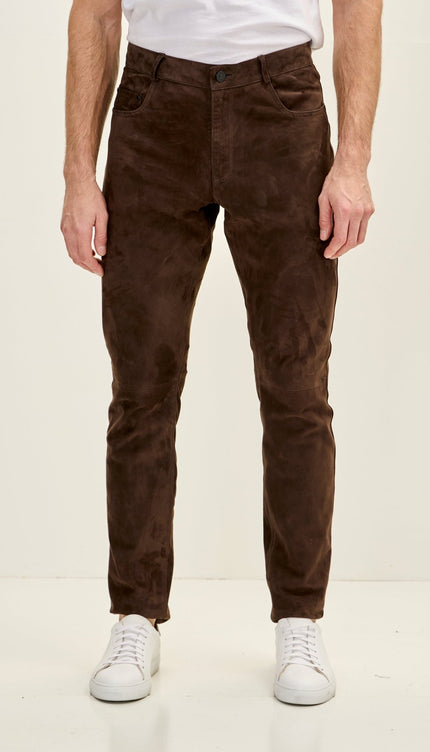 Genuine Lambskin Suede Pants - Chocolate Brown - Ron Tomson