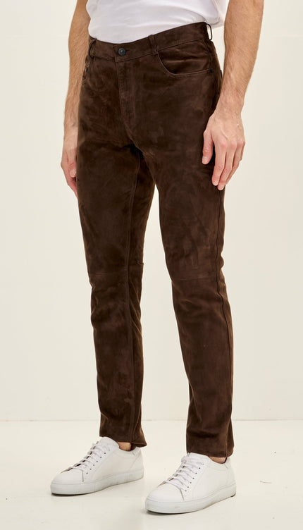 Genuine Lambskin Suede Pants - Chocolate Brown - Ron Tomson