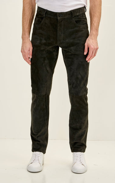 Men's Genuine Lambskin Fitted Suede Pants - Khaki - Ron Tomson
