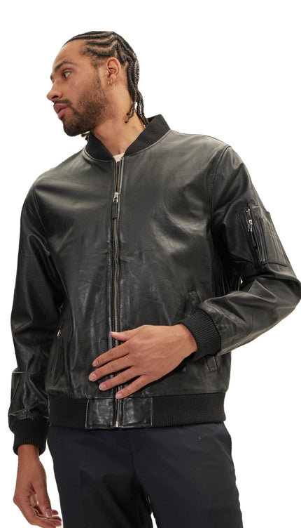 Genuine Leather Bomber Jacket - Black - Ron Tomson