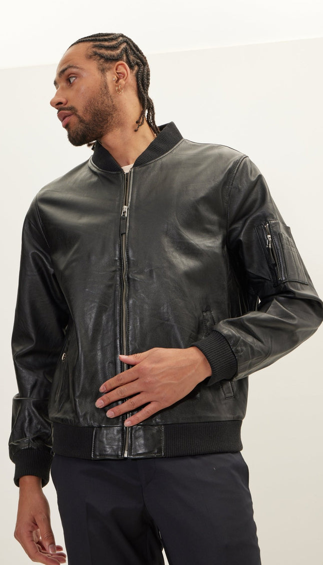 Genuine Leather Bomber Jacket - Black - Ron Tomson