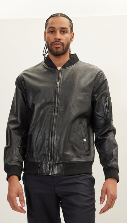 Genuine Leather Bomber Jacket - Black - Ron Tomson