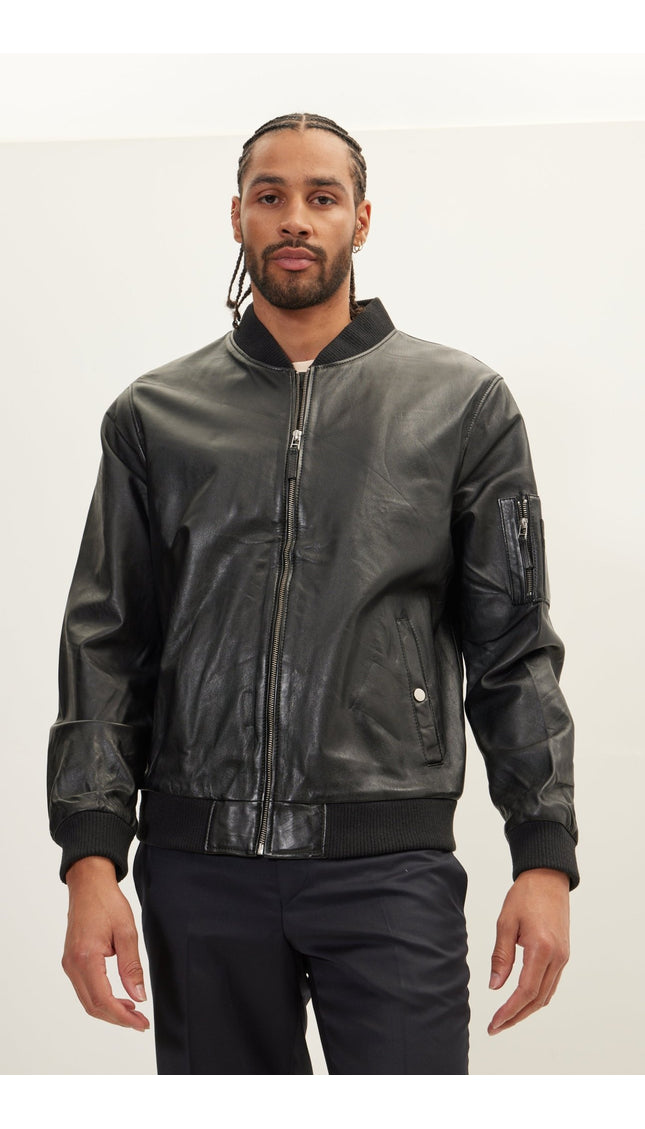 Genuine Leather Bomber Jacket - Black - Ron Tomson