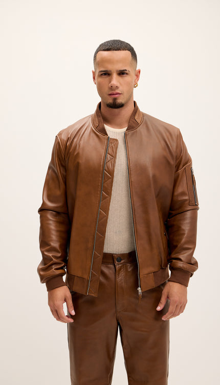 Genuine Leather Bomber Jacket - Brown - Ron Tomson