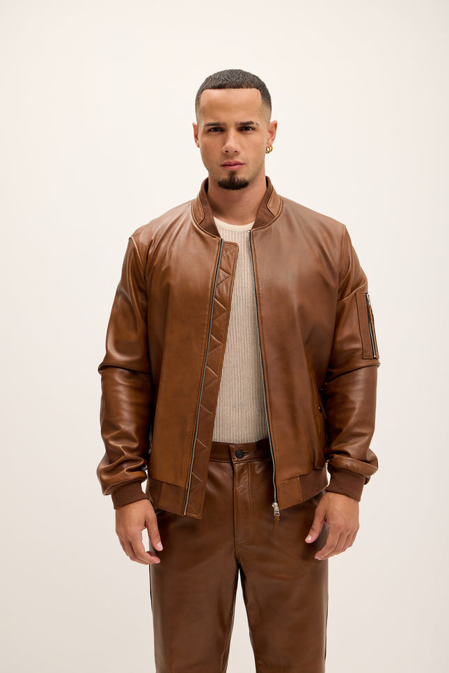 Men's Genuine Leather Bomber Jacket - Brown - Ron Tomson