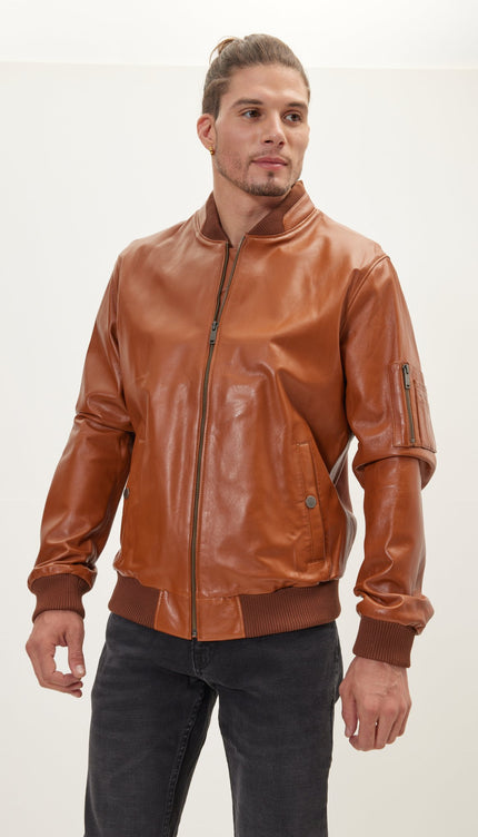 Genuine Leather Bomber Jacket - Brown - Ron Tomson