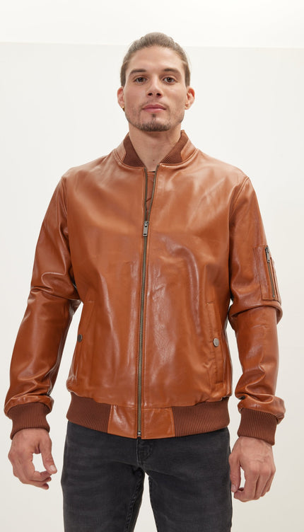 Genuine Leather Bomber Jacket - Brown - Ron Tomson