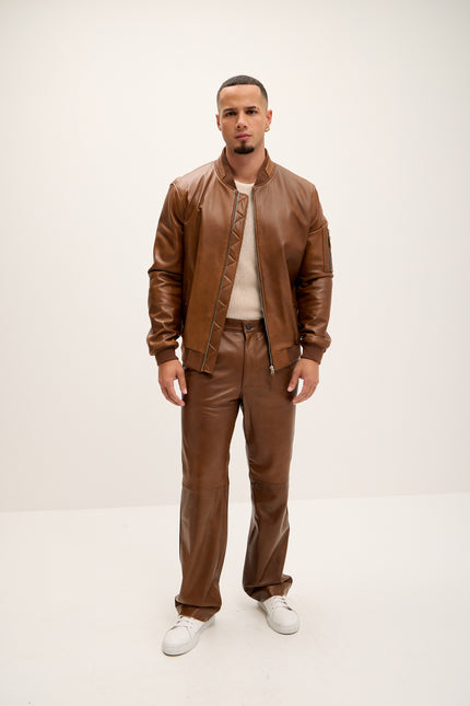 Men's Genuine Leather Bomber Jacket - Brown - Ron Tomson Leather