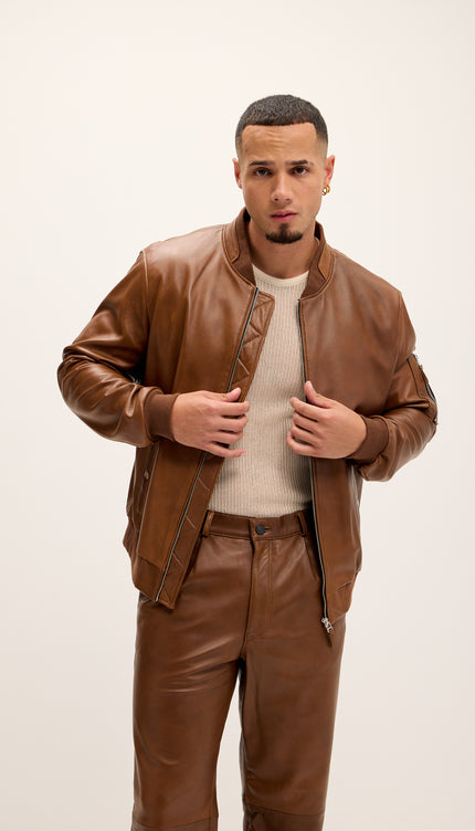 Genuine Leather Bomber Jacket - Brown - Ron Tomson