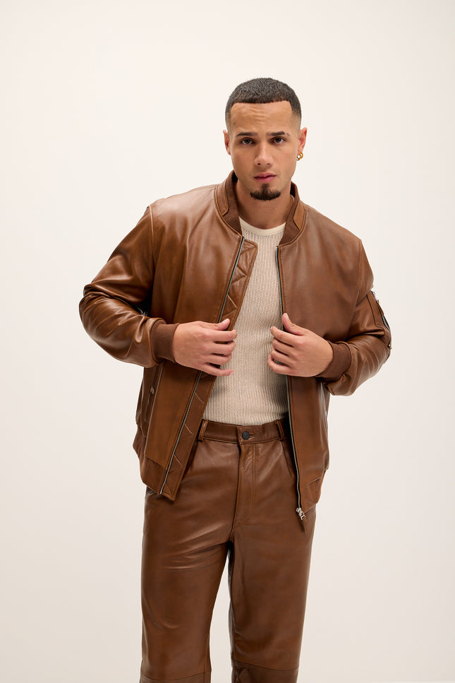 Men's Genuine Leather Bomber Jacket - Brown - Ron Tomson Leather