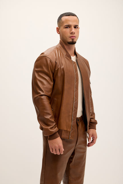 Men's Genuine Leather Bomber Jacket - Brown - Ron Tomson Leather
