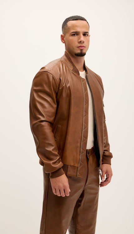 Genuine Leather Bomber Jacket - Brown - Ron Tomson