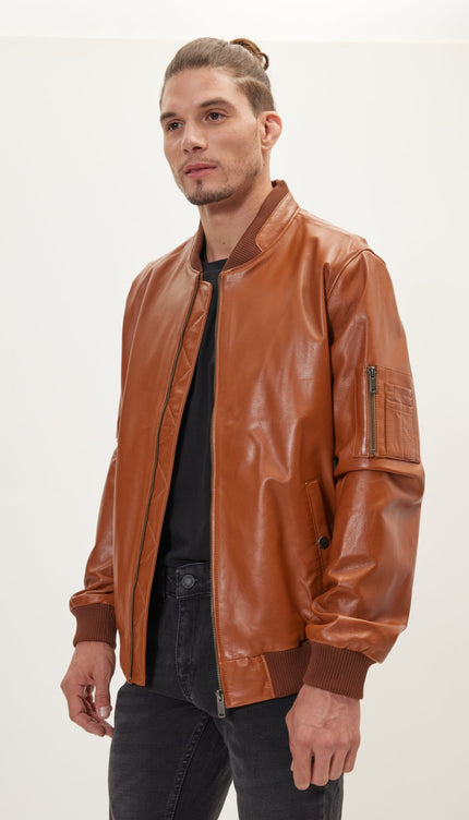 Genuine Leather Bomber Jacket - Brown - Ron Tomson