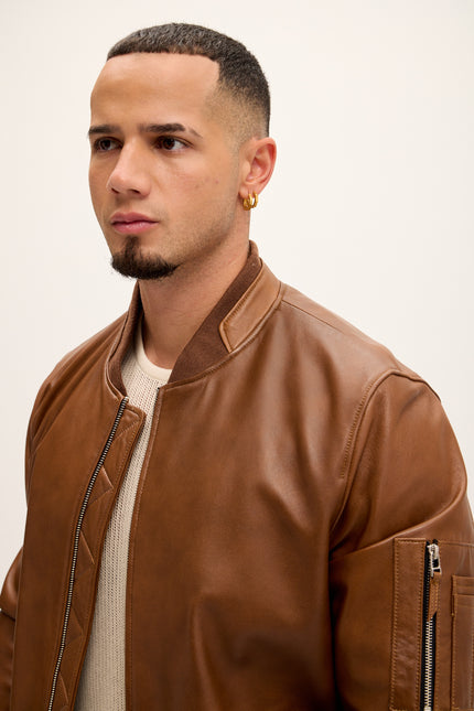 Men's Genuine Leather Bomber Jacket - Brown - Ron Tomson Leather