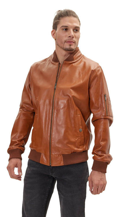 Genuine Leather Bomber Jacket - Brown - Ron Tomson