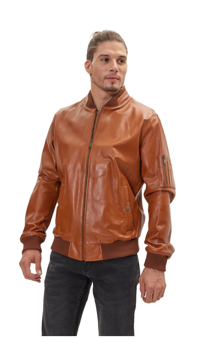Genuine Leather Bomber Jacket - Brown - Ron Tomson
