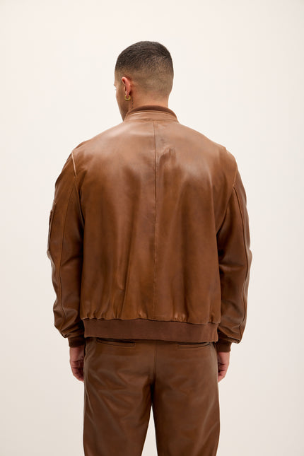 Men's Genuine Leather Bomber Jacket - Brown - Ron Tomson Leather